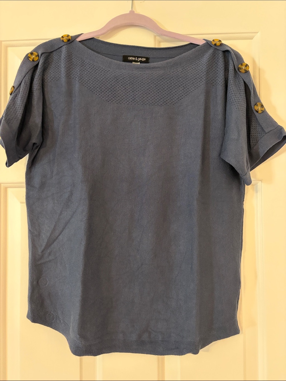 Cable & Gauge Slate Blue Short-Sleeve Knit Top with Shoulder Buttons